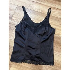 Camisole Tank Top Wm Sm Black Satin Lace Trim Lingerie Cami Y2K Romantic Goth